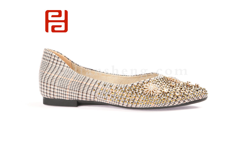 福连升民国风格子布单鞋女镶钻浅口尖头鞋平底瓢鞋图片